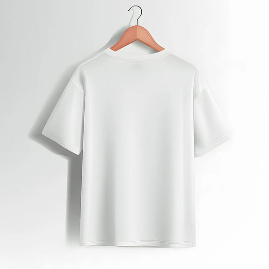 Plain white T-shirt back view hanging on a wooden hanger against a light background.