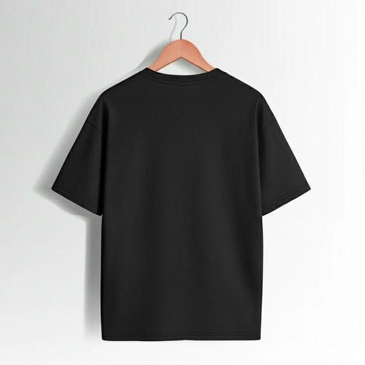 Plain black t-shirt back view on wooden hanger