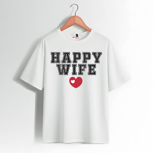 White Happy Wife T-shirt with black bold text and red heart design.