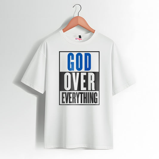 White God Over Everything T-shirt with bold black, blue, and white typography design.