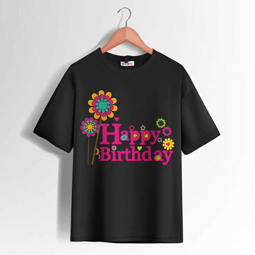 Black Happy Birthday T-Shirt with colorful floral print design for birthday celebrations