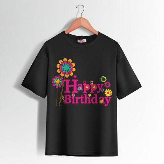 Black Happy Birthday T-Shirt with colorful floral print design for birthday celebrations