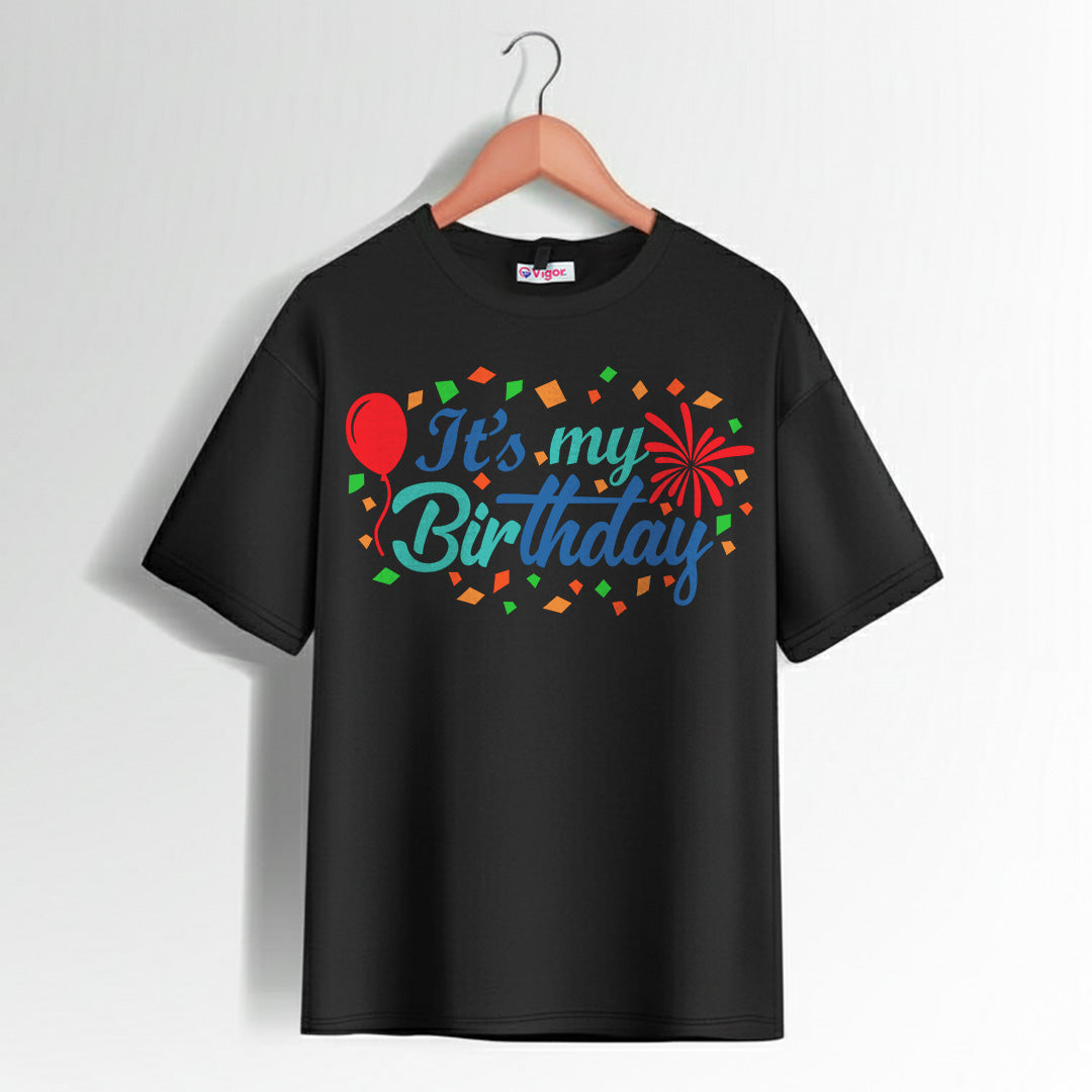 It’s My Birthday T-Shirt with colorful confetti, balloon, and fireworks print design