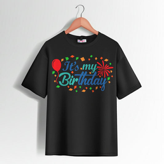 It’s My Birthday T-Shirt with colorful confetti, balloon, and fireworks print design