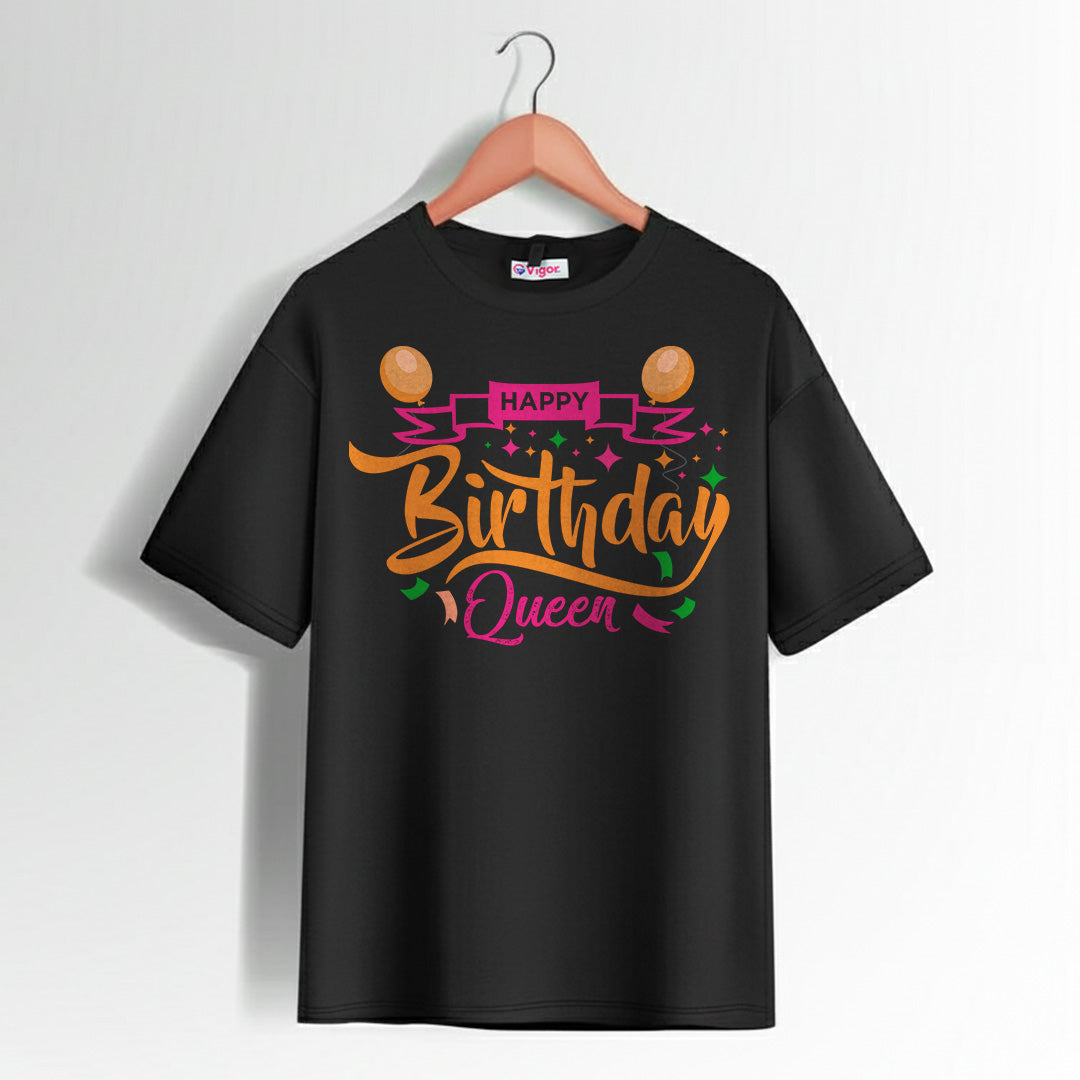 Black Happy Birthday Queen T-Shirt with balloons and colorful graphic design