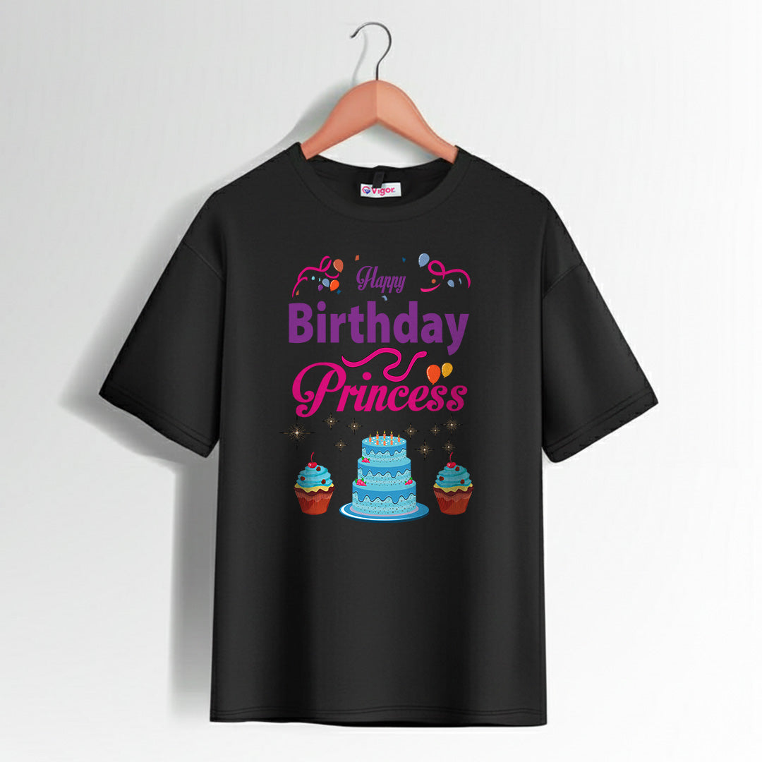 Black Happy Birthday Princess T-Shirt with cake, cupcakes, and colorful decorations