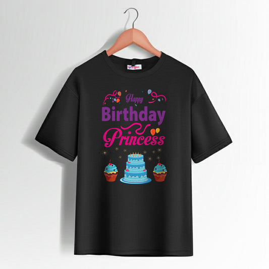 Black Happy Birthday Princess T-Shirt with cake, cupcakes, and colorful decorations