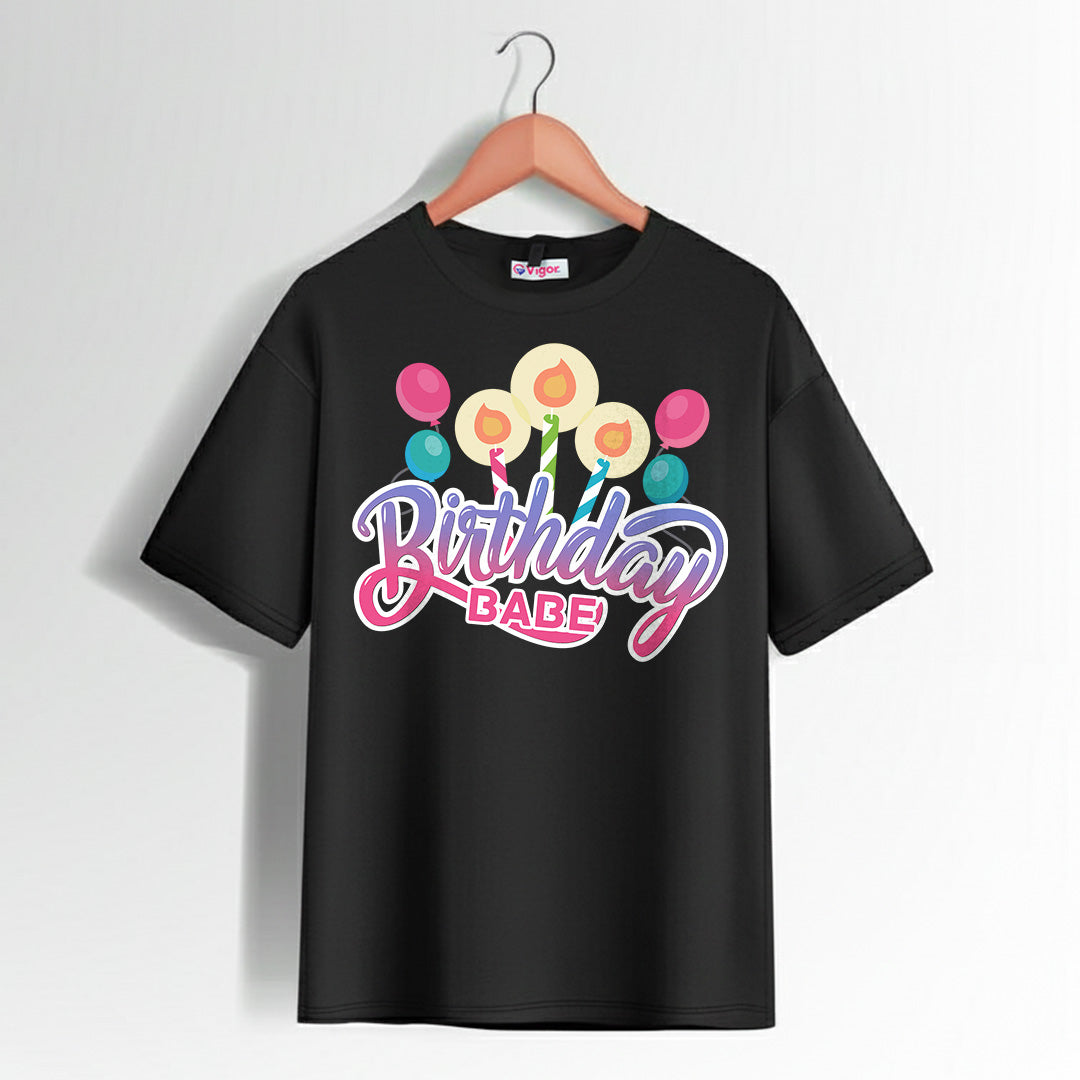 Black Birthday Babe T-Shirt with candles, balloons, and colorful birthday design