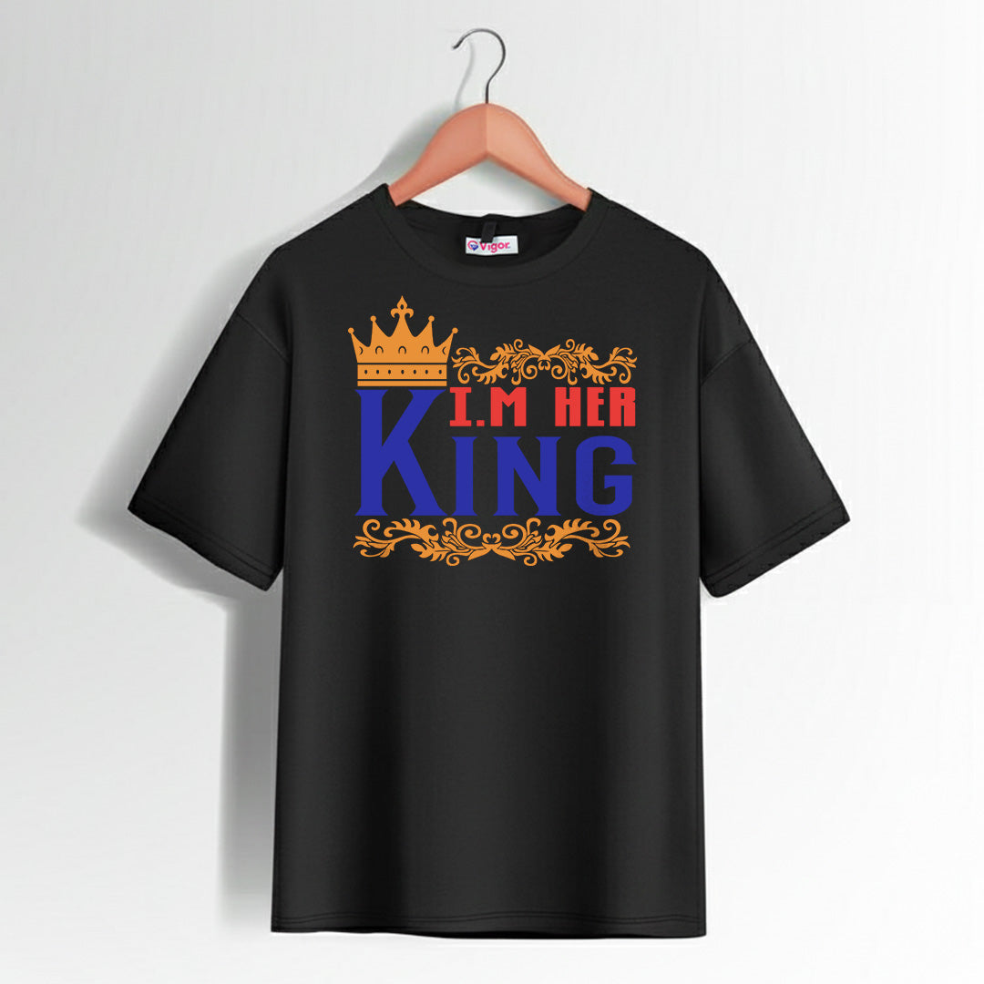 Black I’m Her King T-Shirt with crown print design for couples and love-themed outfits
