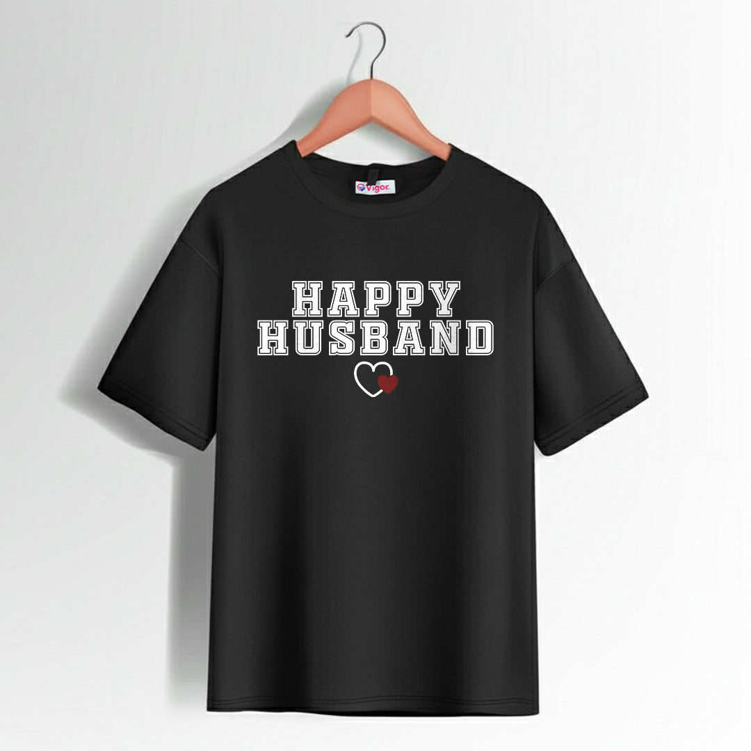 Black Happy Husband T-shirt with white bold text and red heart design for men.