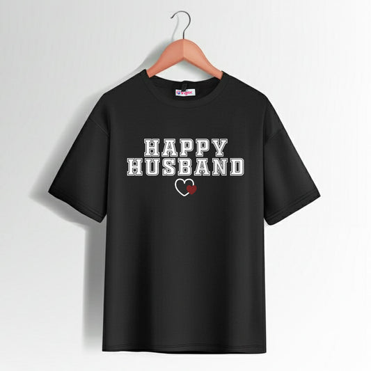 Black Happy Husband T-shirt with white bold text and red heart design for men.