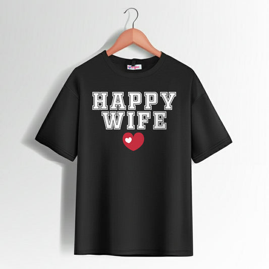 Black Happy Wife T-shirt with white bold text and red heart design for women.