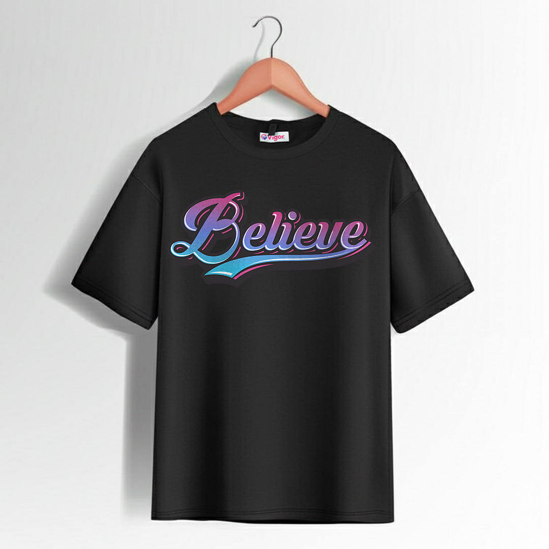 Black Believe Motivational T-Shirt with inspiring white text design for daily positivity