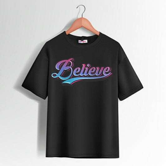 Black Believe Motivational T-Shirt with inspiring white text design for daily positivity