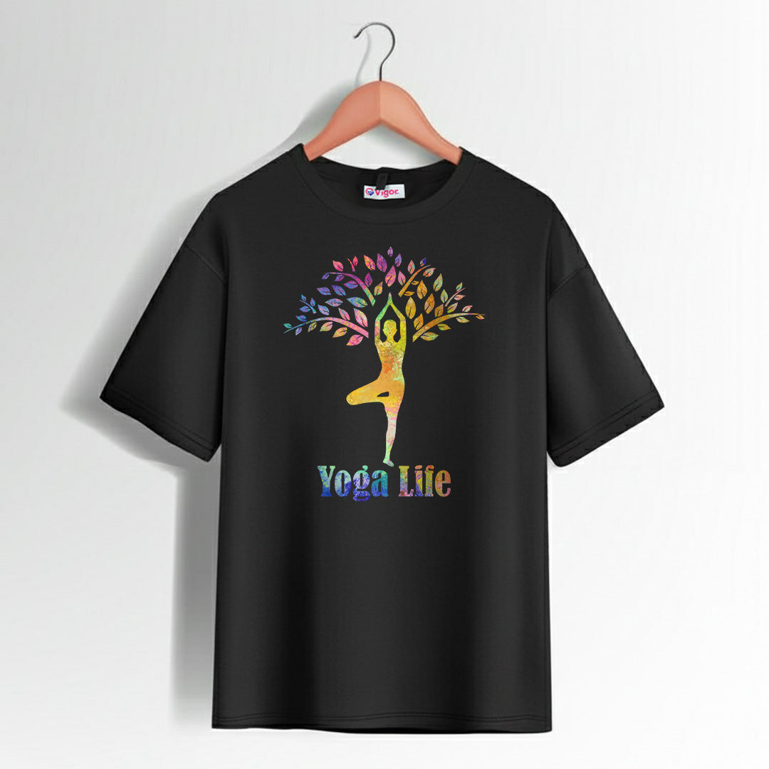 Black Yoga Life T-Shirt with yoga pose and lifestyle graphic design